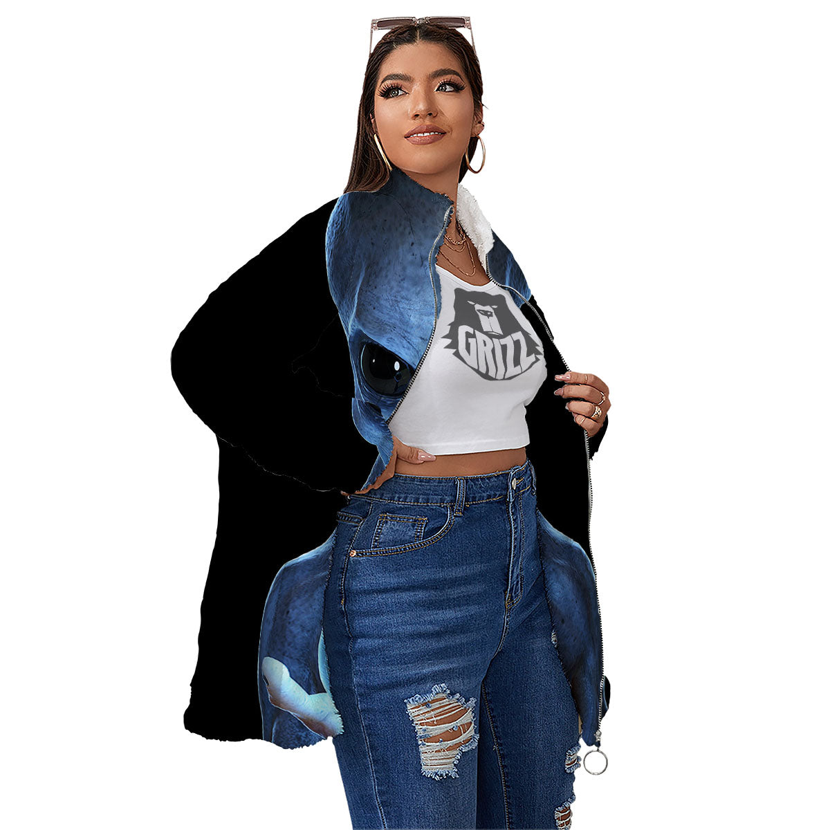 3D Scary Alien Grey Print Women's Sherpa Jacket-grizzshop