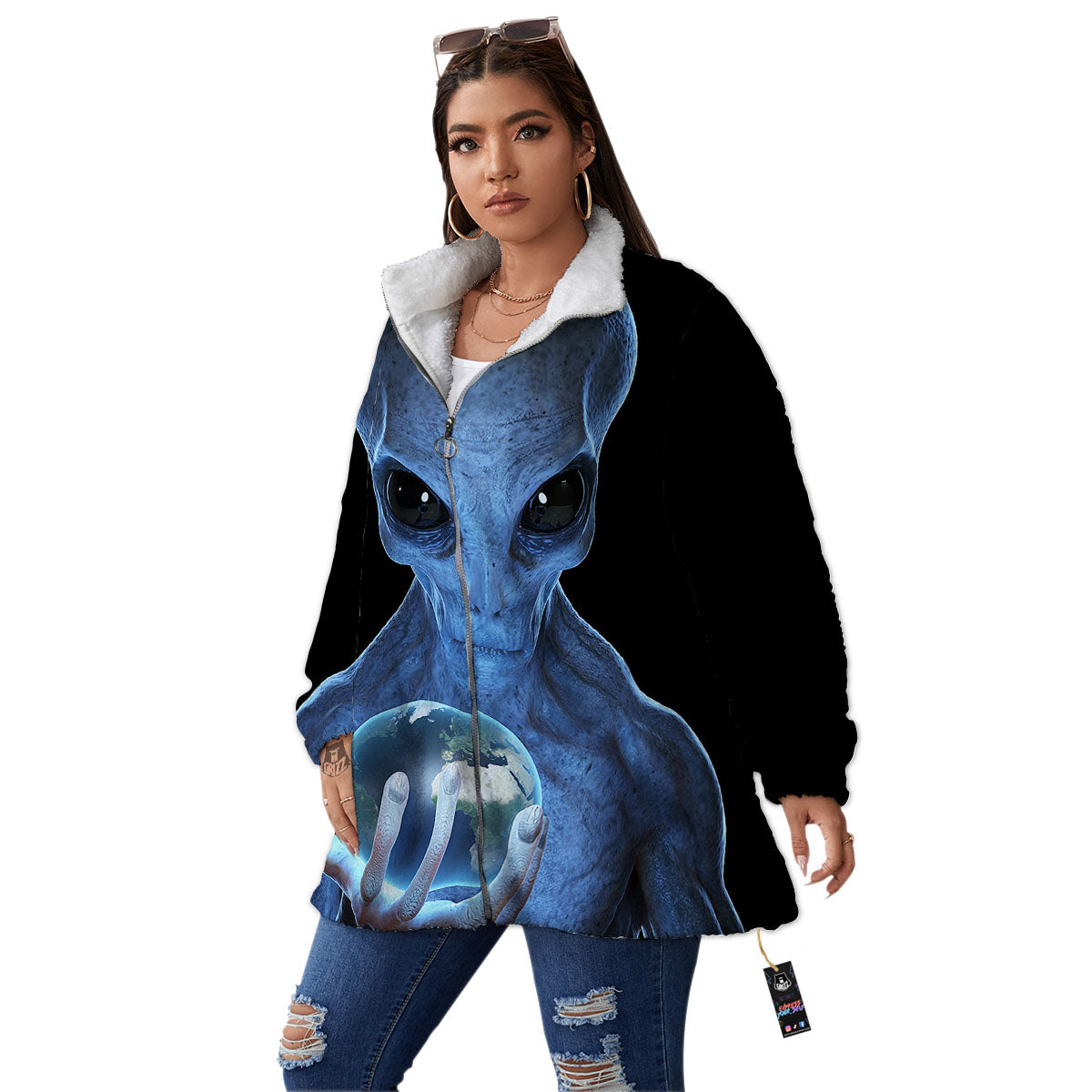 3D Scary Alien Grey Print Women's Sherpa Jacket-grizzshop