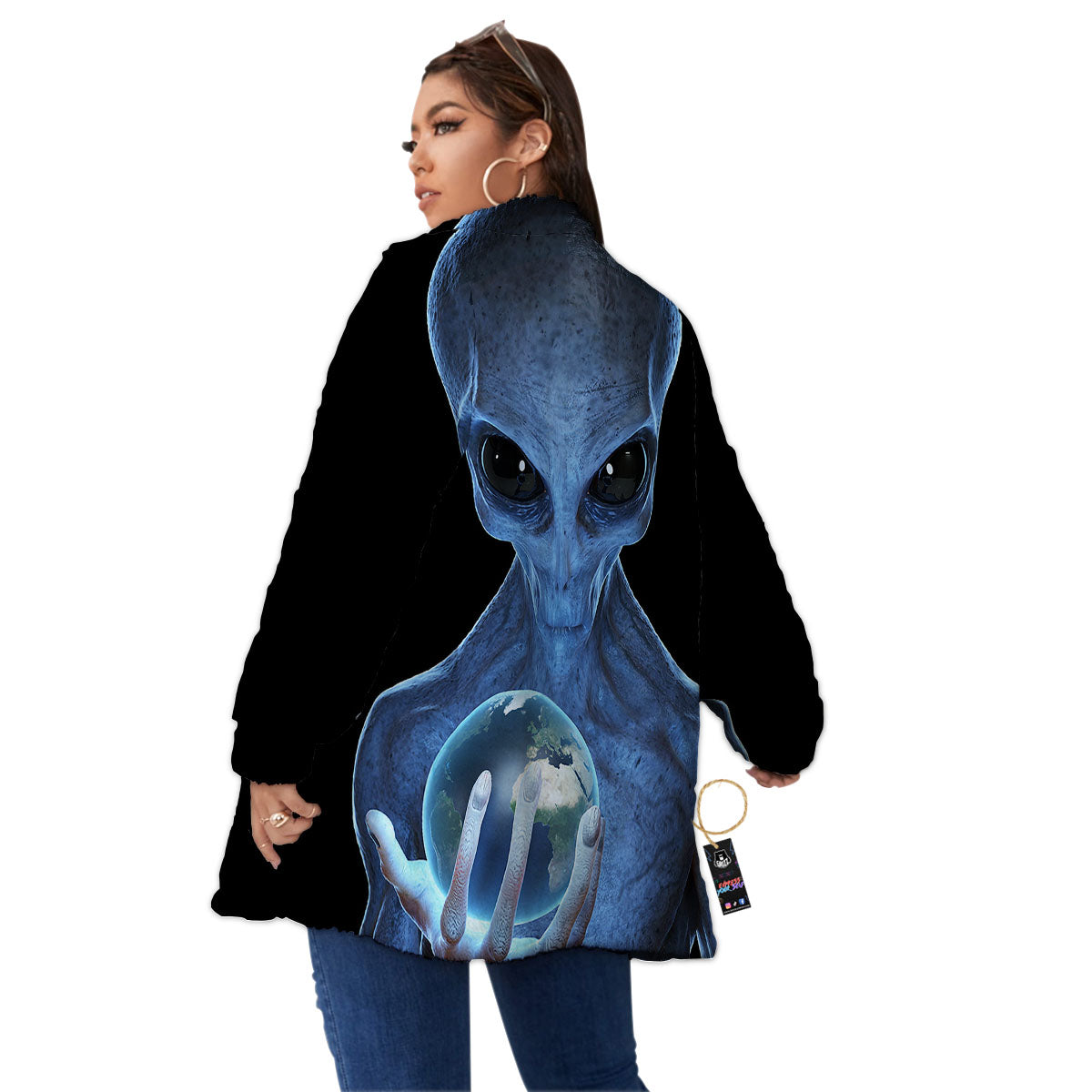 3D Scary Alien Grey Print Women's Sherpa Jacket-grizzshop