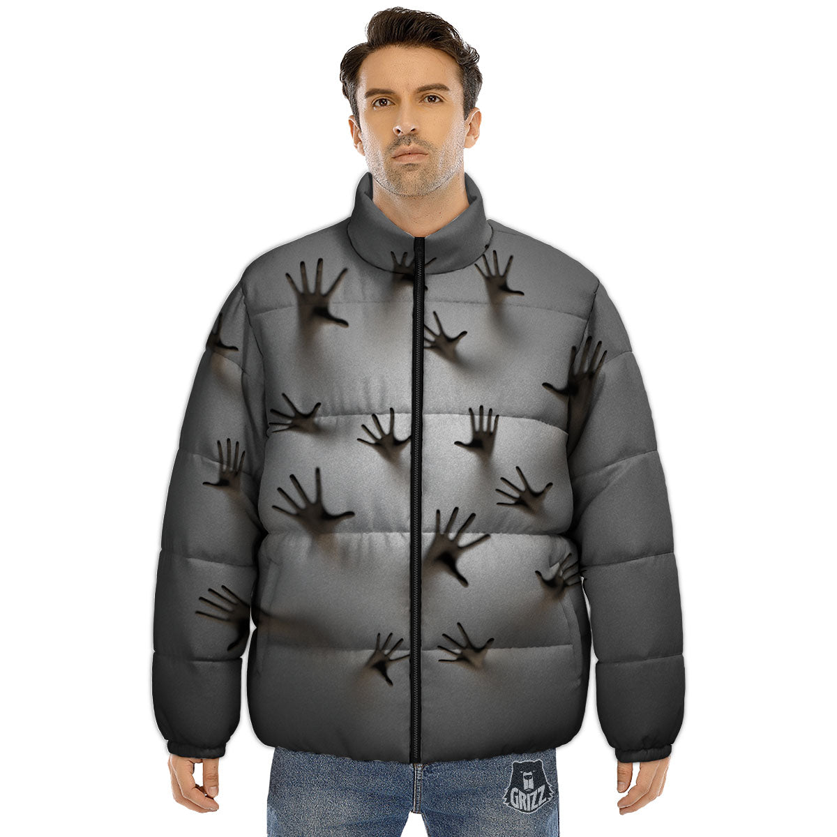 3D Scary Ghost Print Puffer Jacket-grizzshop