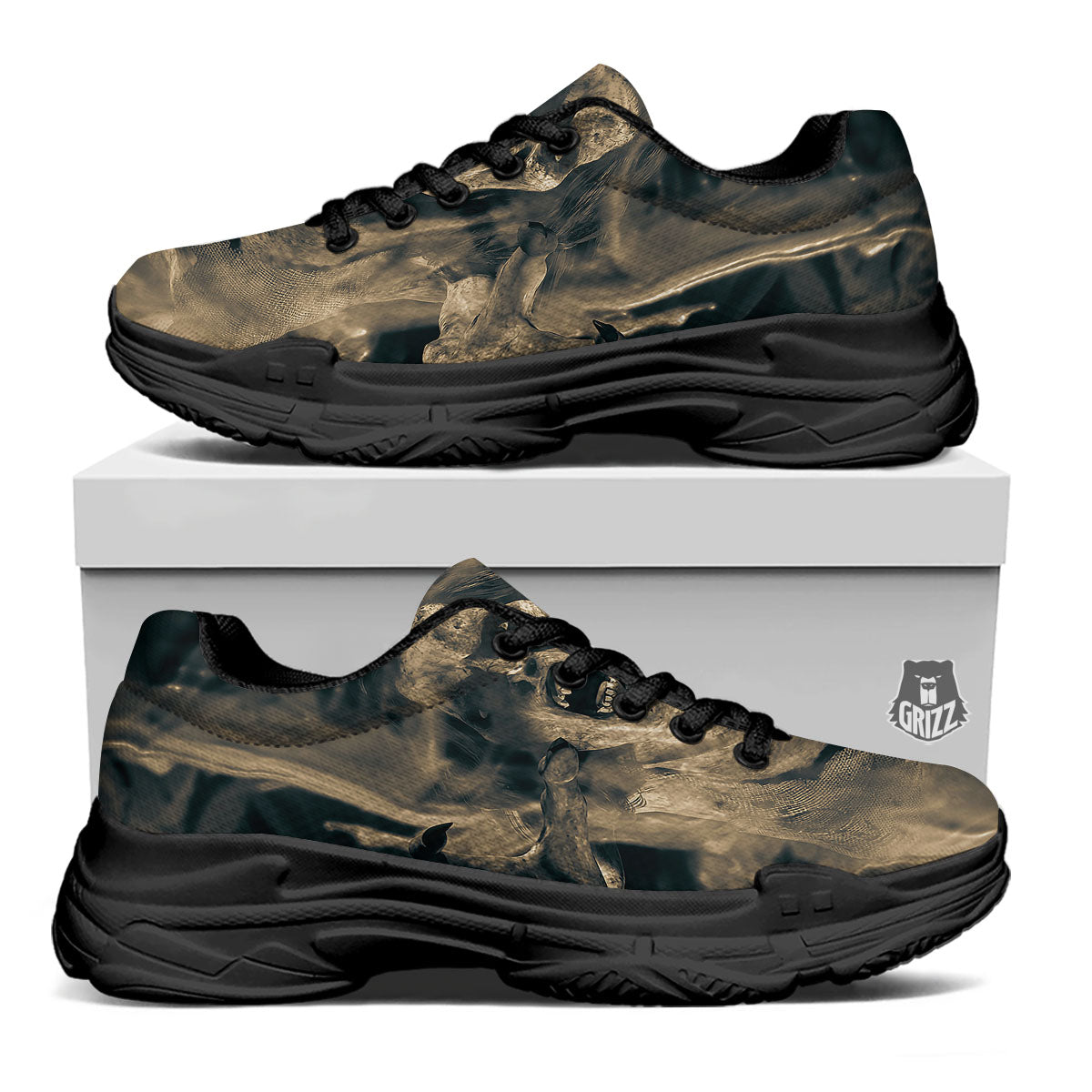 3D Screaming Ghost Horror Print Black Chunky Shoes-grizzshop