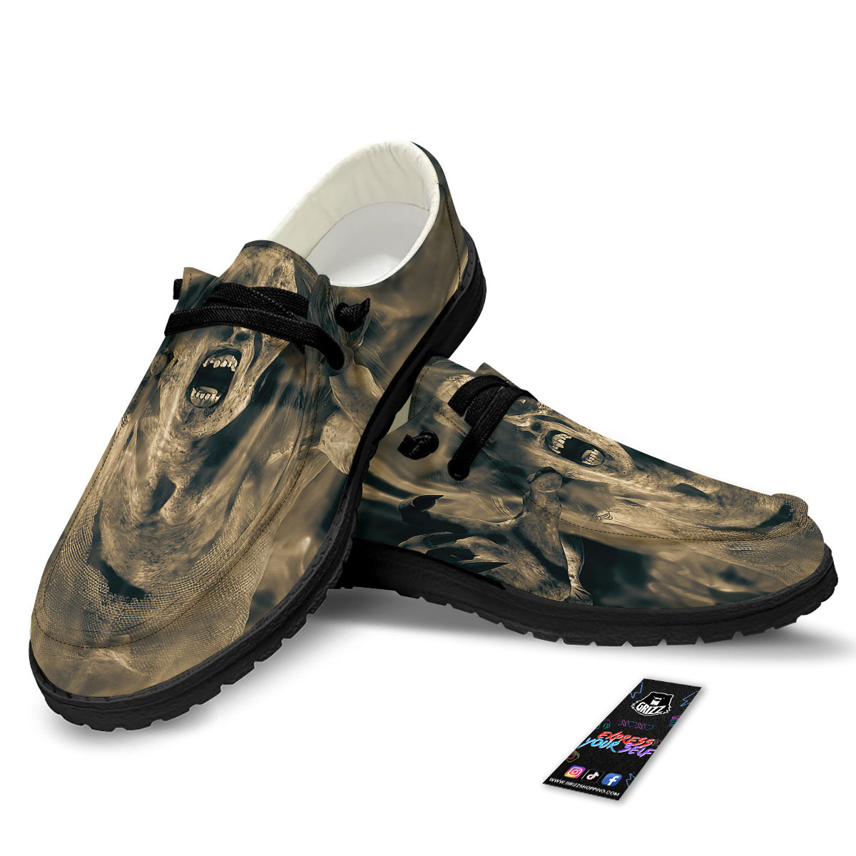 3D Screaming Ghost Horror Print Black Loafers-grizzshop