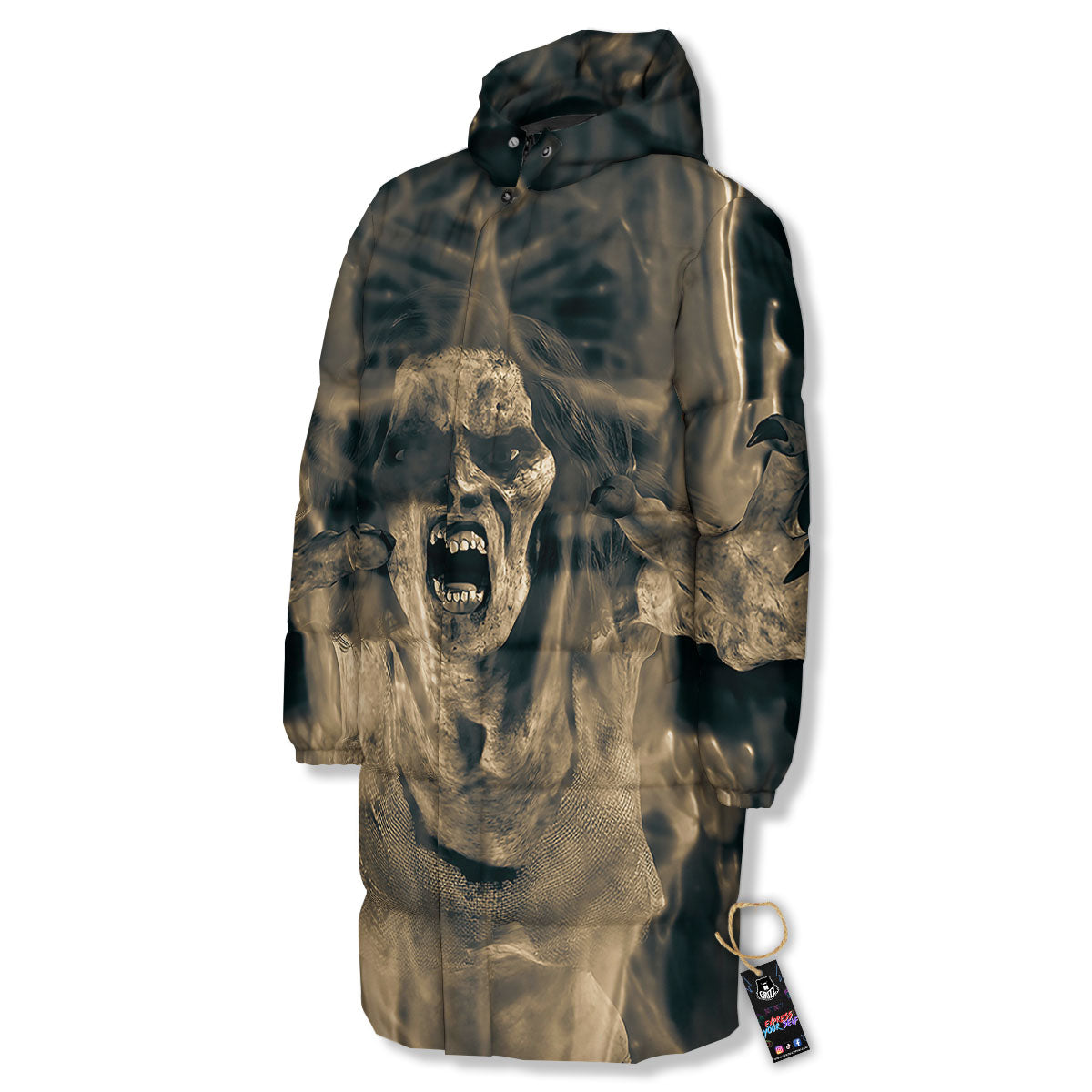 3D Screaming Ghost Horror Print Long Down Jacket-grizzshop