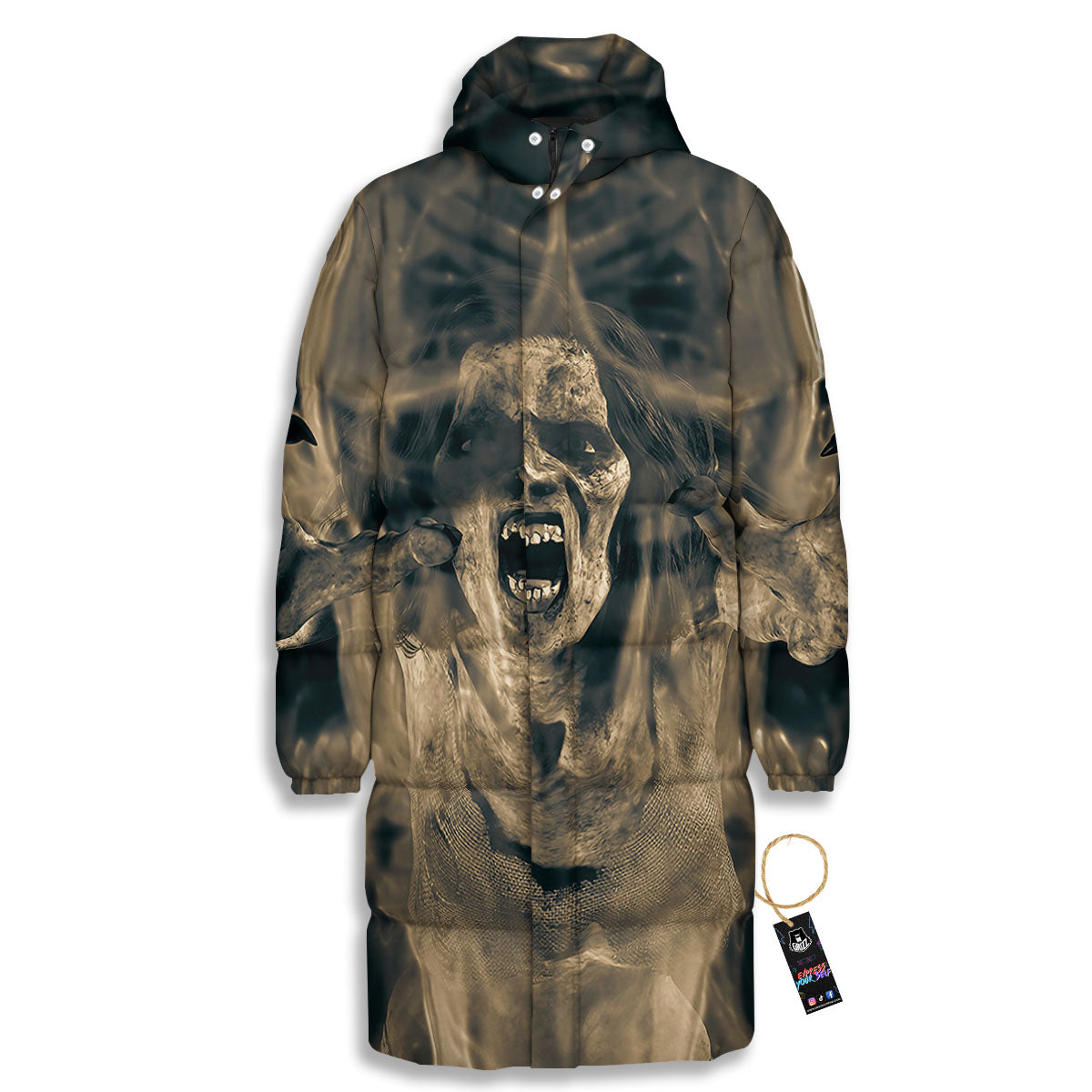 3D Screaming Ghost Horror Print Long Down Jacket-grizzshop