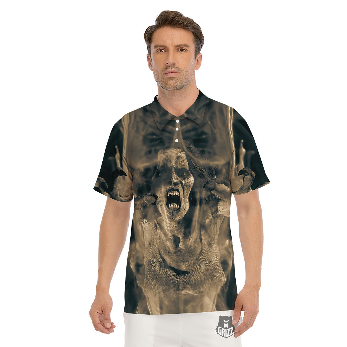 3D Screaming Ghost Horror Print Men's Golf Shirts-grizzshop