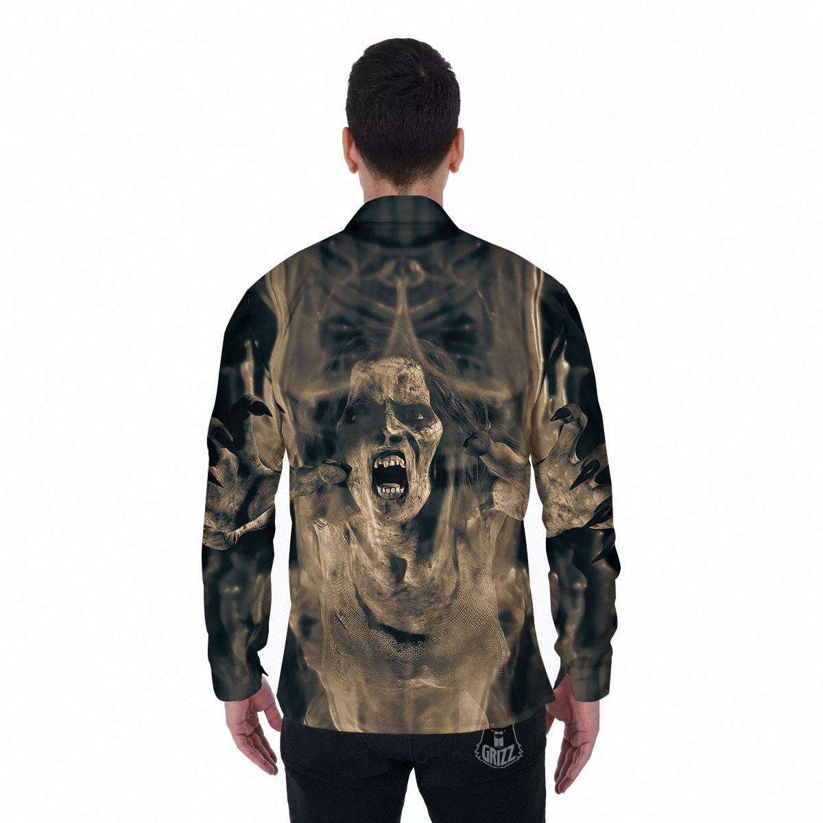 3D Screaming Ghost Horror Print Men's Long Sleeve Shirts-grizzshop