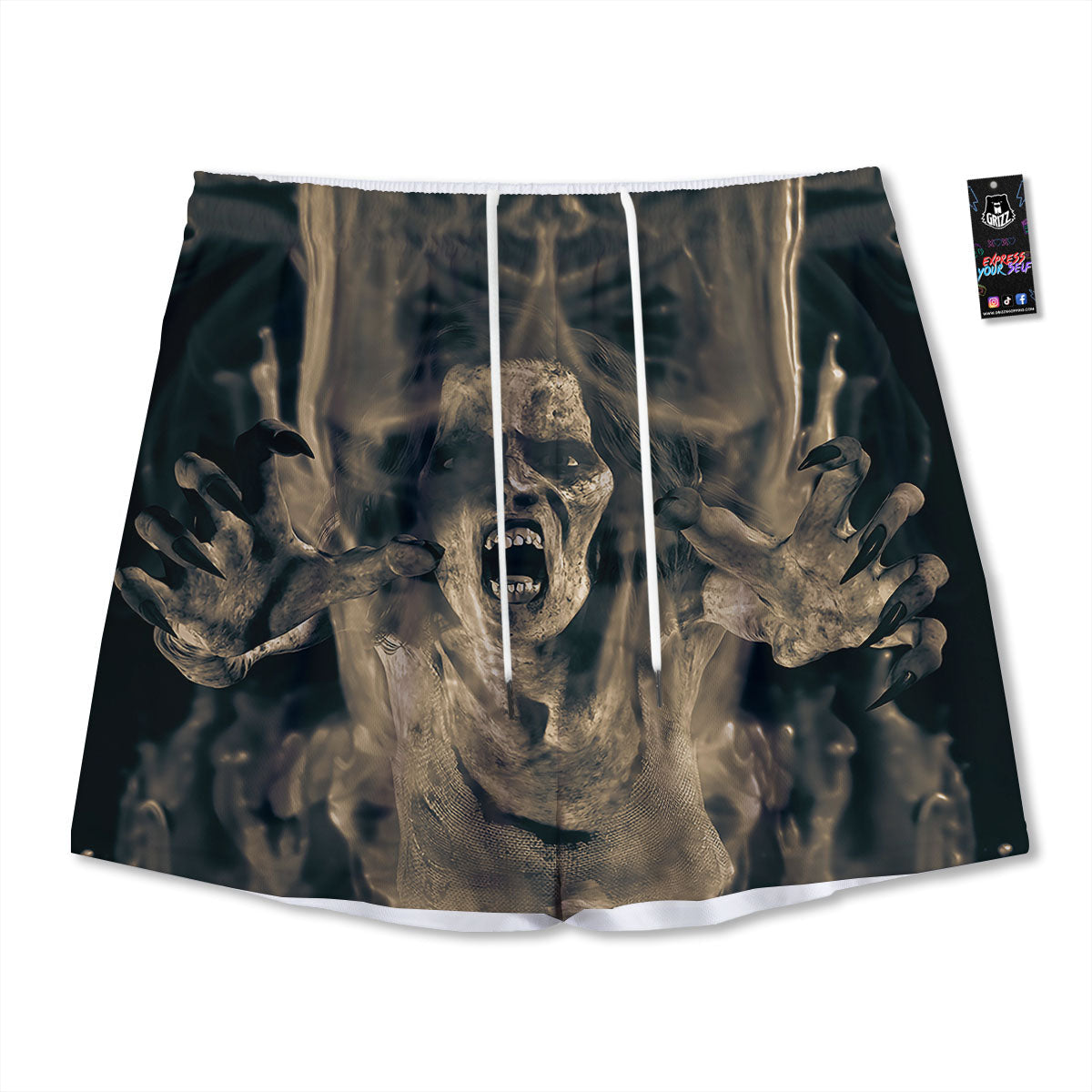 3D Screaming Ghost Horror Print Mesh Shorts
