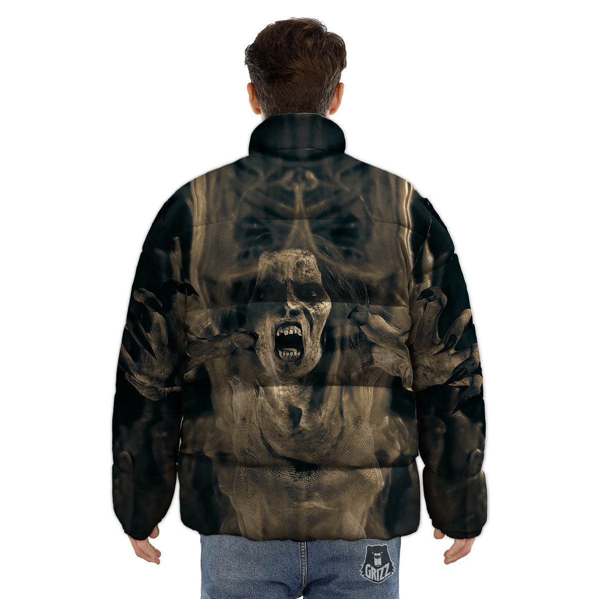 3D Screaming Ghost Horror Print Puffer Jacket-grizzshop