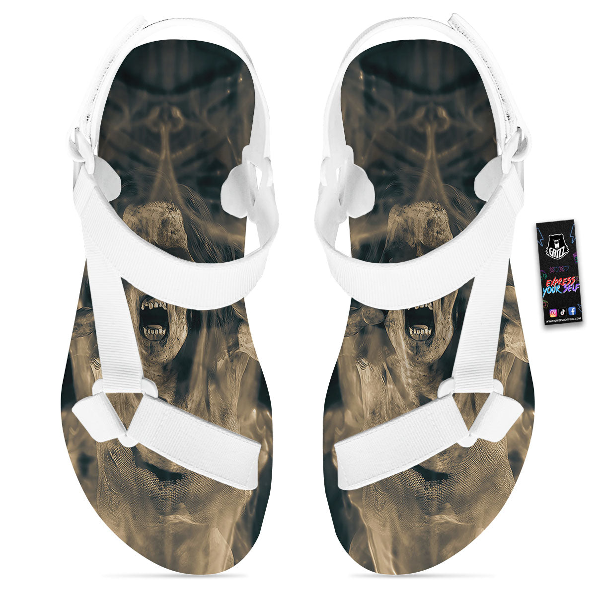 3D Screaming Ghost Horror Print White Open Toe Sandals-grizzshop