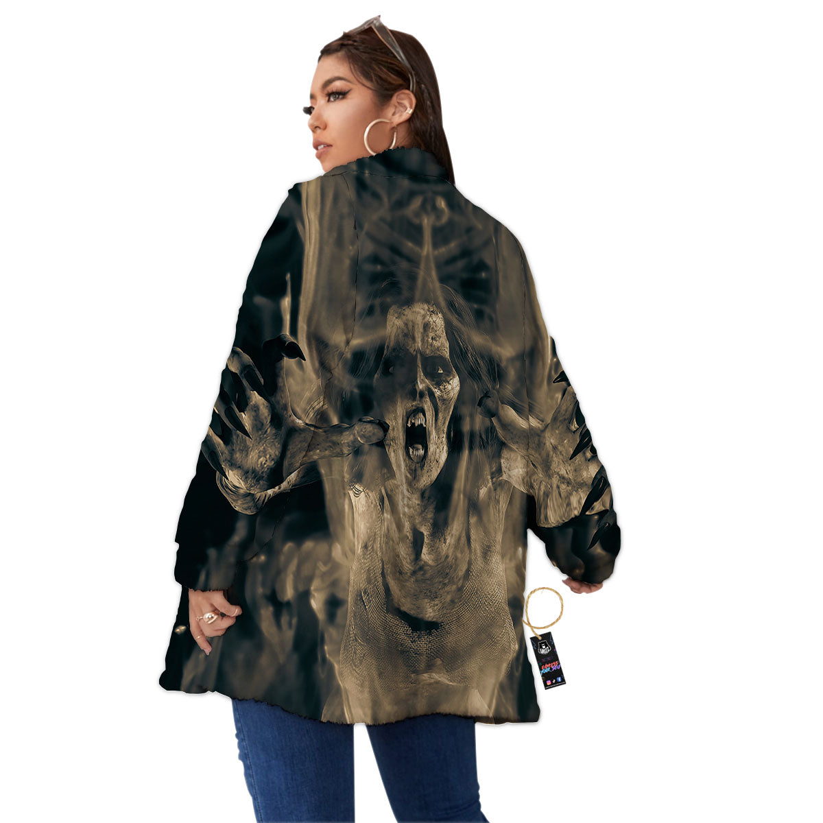 3D Screaming Ghost Horror Print Women's Sherpa Jacket-grizzshop