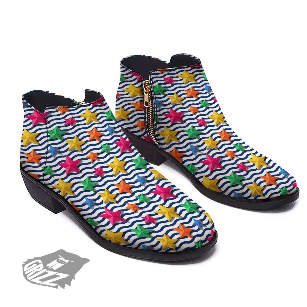 3D Stars And Blue Wave Print Pattern Ankle Boots-grizzshop