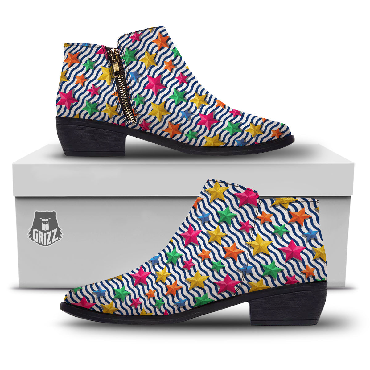 3D Stars And Blue Wave Print Pattern Ankle Boots-grizzshop