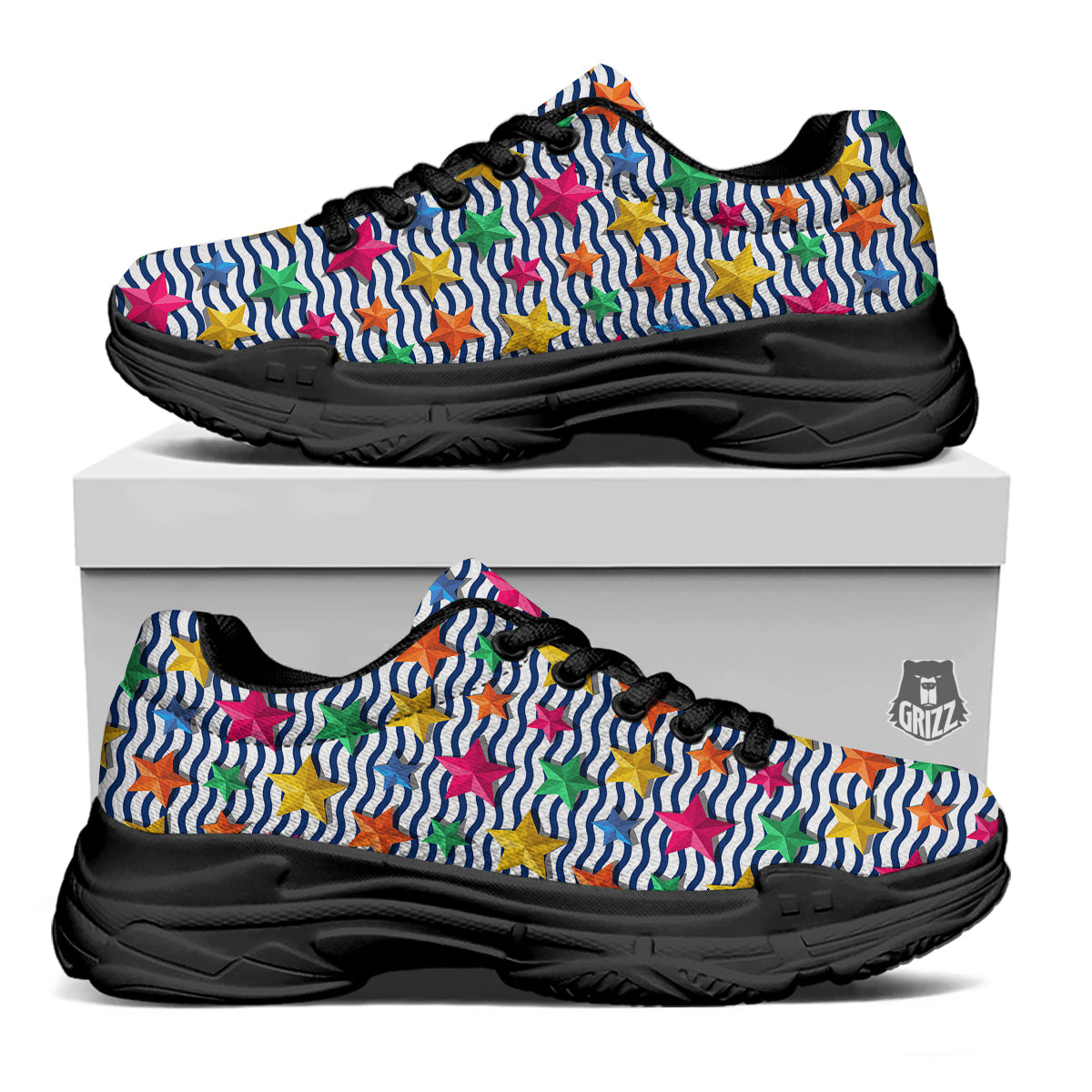 3D Stars And Blue Wave Print Pattern Black Chunky Shoes-grizzshop