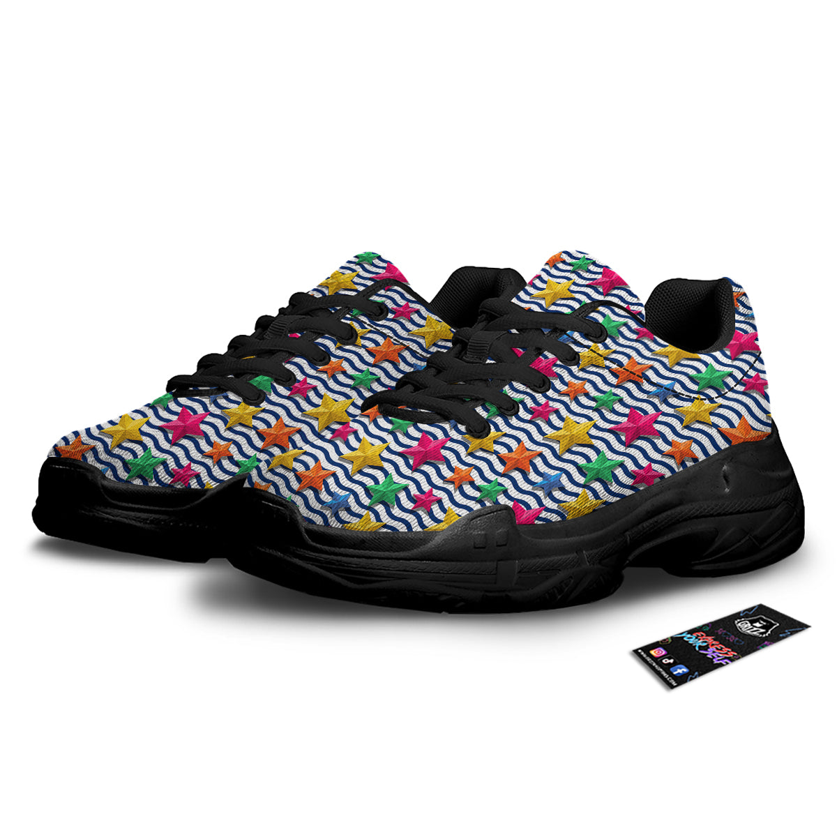 3D Stars And Blue Wave Print Pattern Black Chunky Shoes-grizzshop