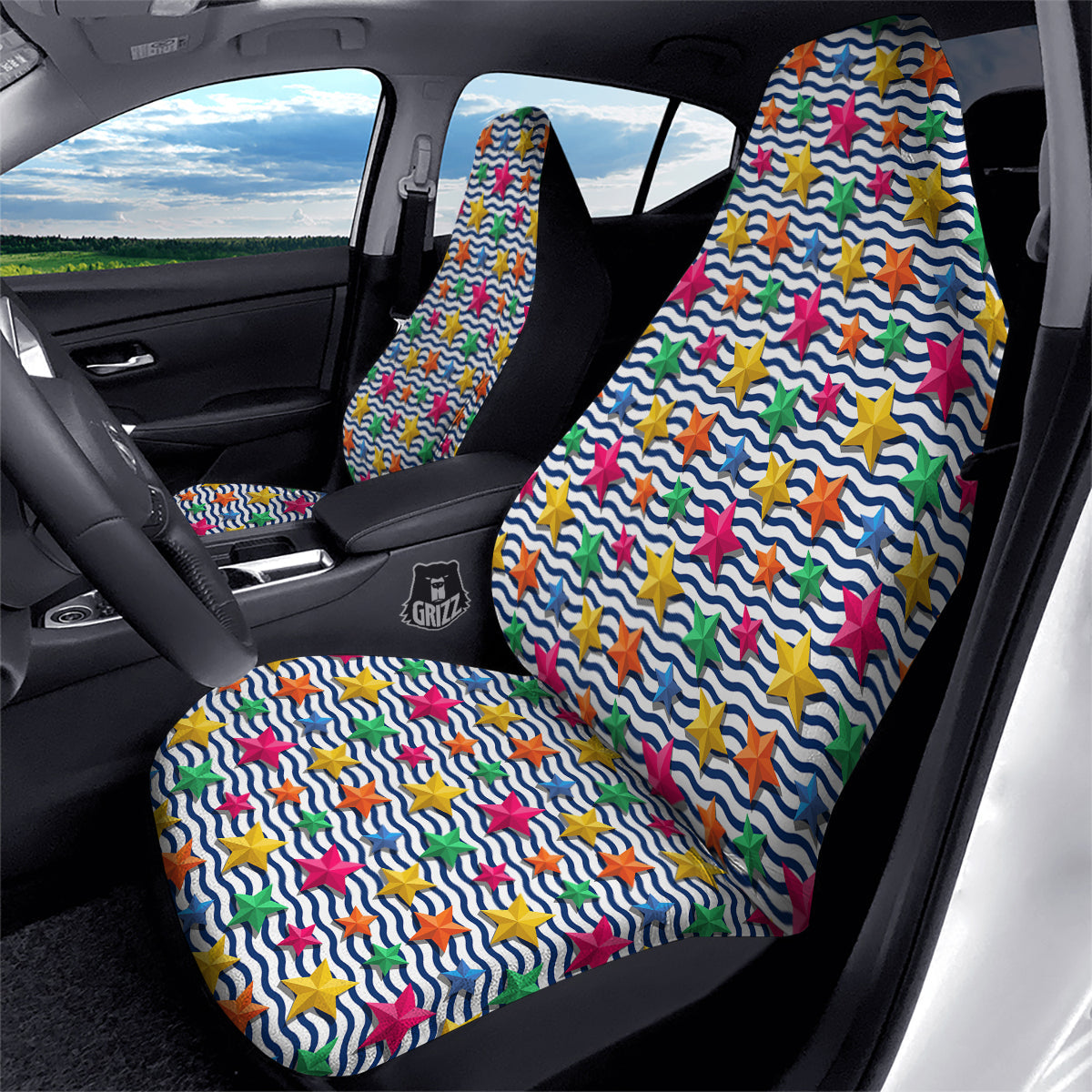 3D Stars And Blue Wave Print Pattern Car Seat Covers-grizzshop