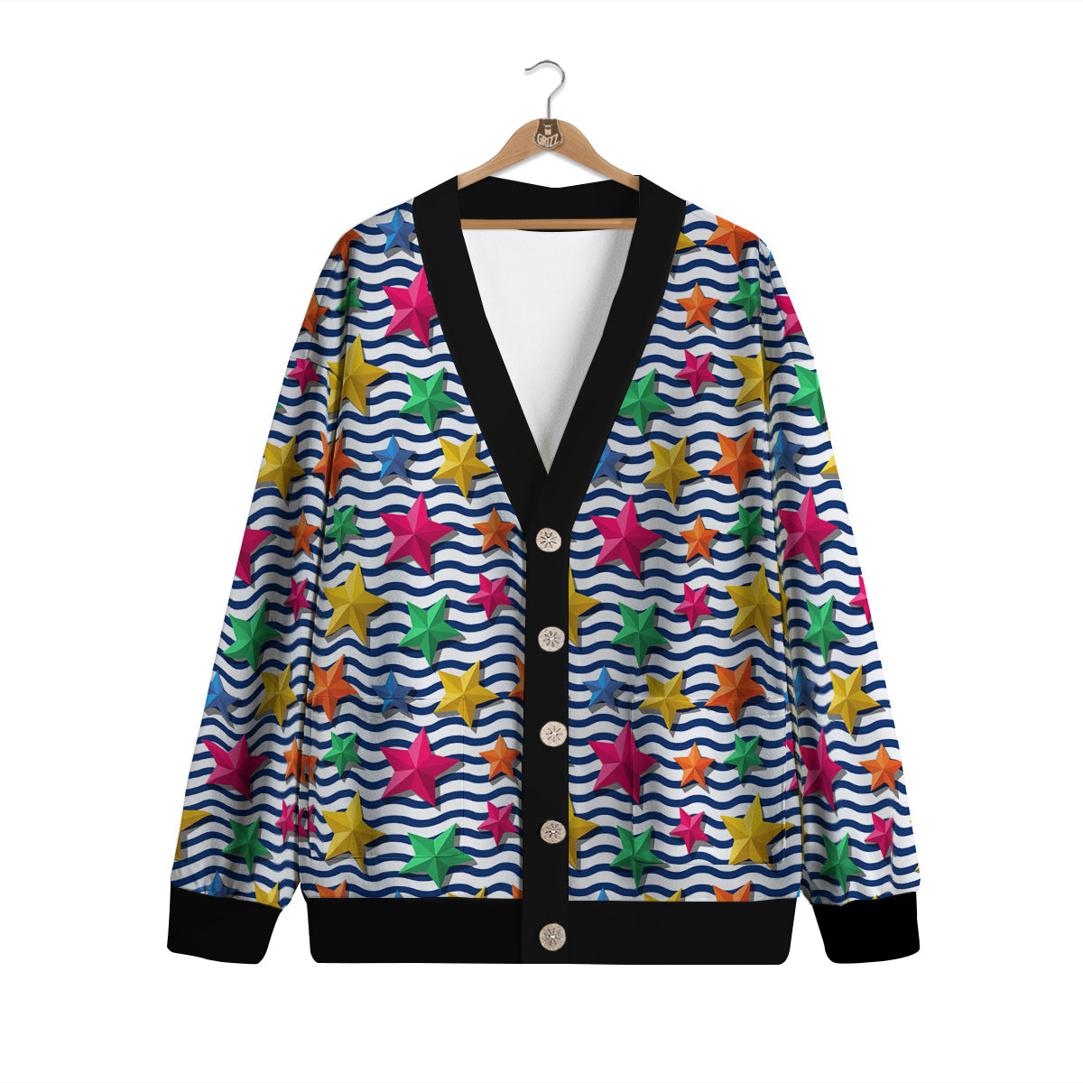 3D Stars And Blue Wave Print Pattern Cardigan-grizzshop