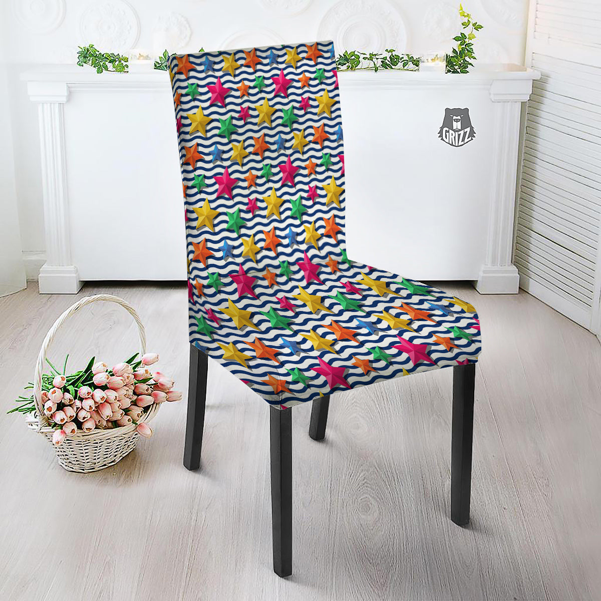 3D Stars And Blue Wave Print Pattern Dining Chair Slipcover-grizzshop
