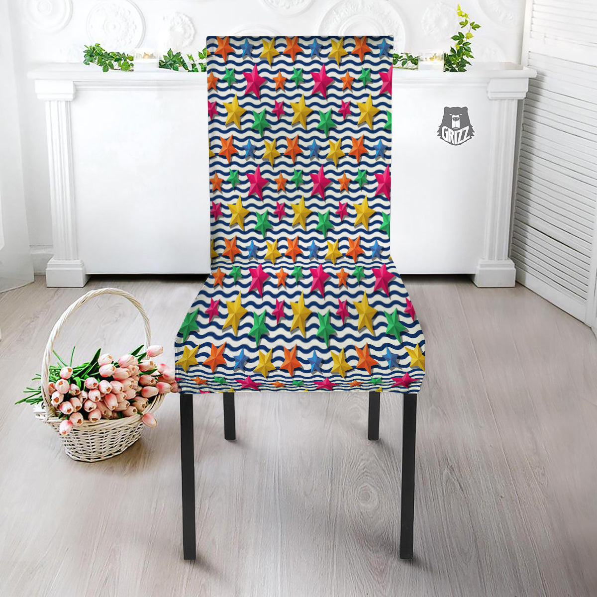 3D Stars And Blue Wave Print Pattern Dining Chair Slipcover-grizzshop