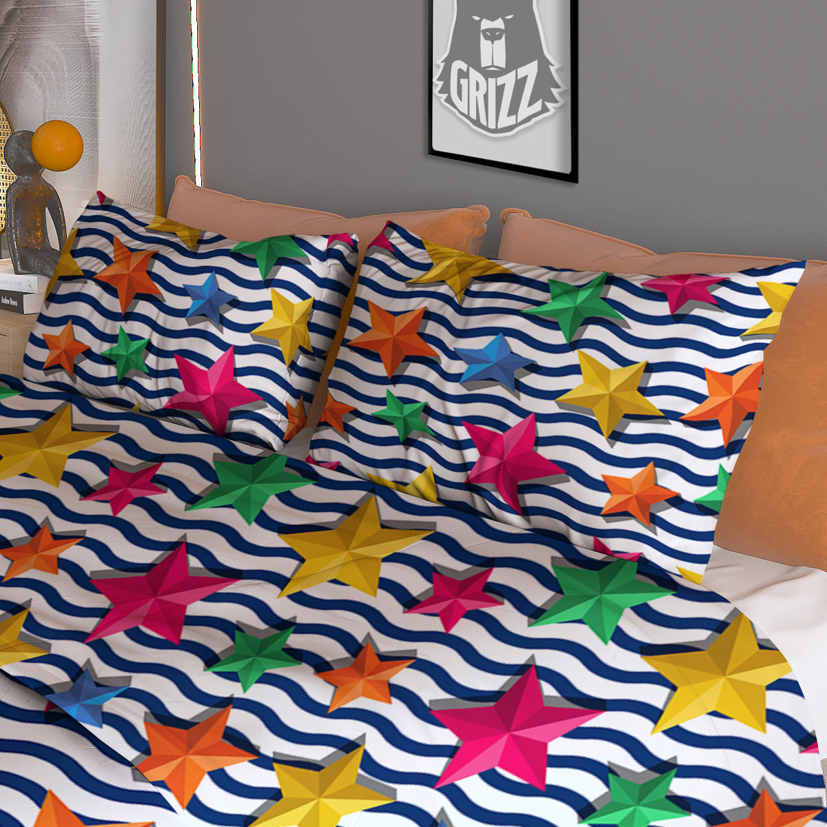 3D Stars And Blue Wave Print Pattern Duvet Cover Bedding Set