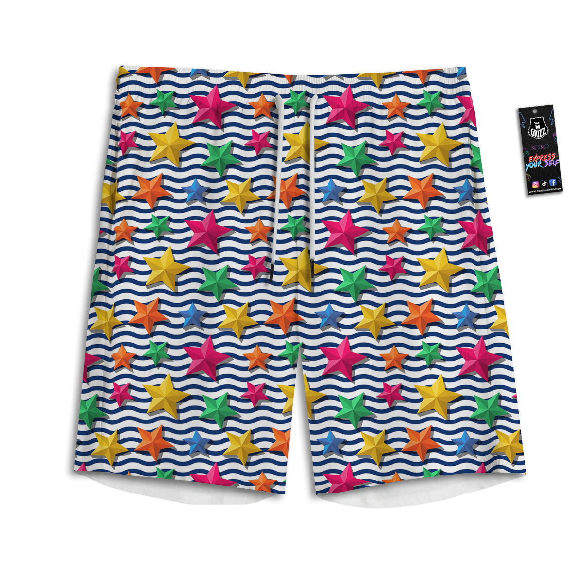 3D Stars And Blue Wave Print Pattern Men's Athletic Shorts