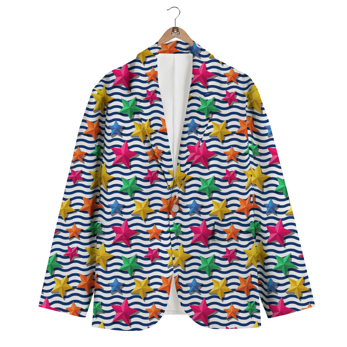 3D Stars And Blue Wave Print Pattern Men's Blazer-grizzshop