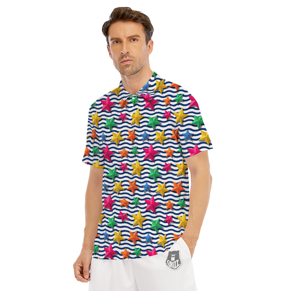 3D Stars And Blue Wave Print Pattern Men's Golf Shirts-grizzshop