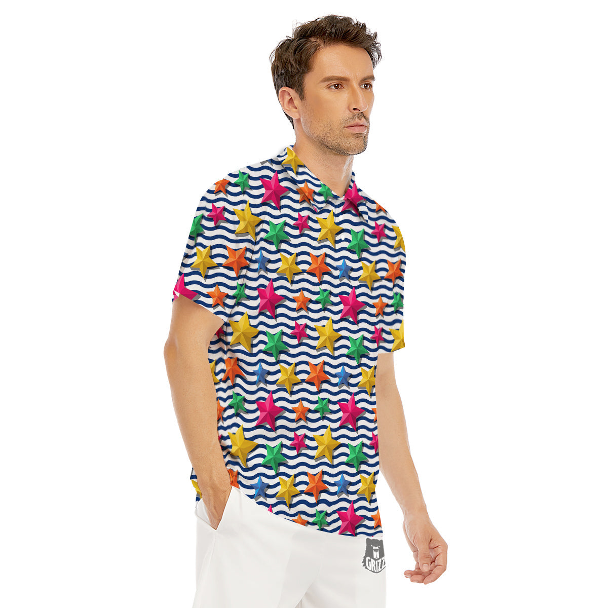 3D Stars And Blue Wave Print Pattern Men's Golf Shirts-grizzshop