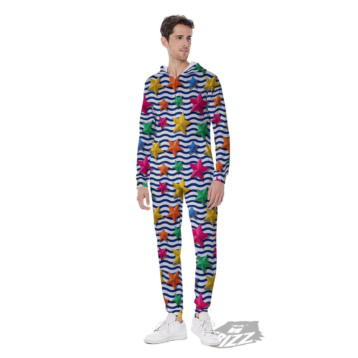 3D Stars And Blue Wave Print Pattern Men's Jumpsuit-grizzshop