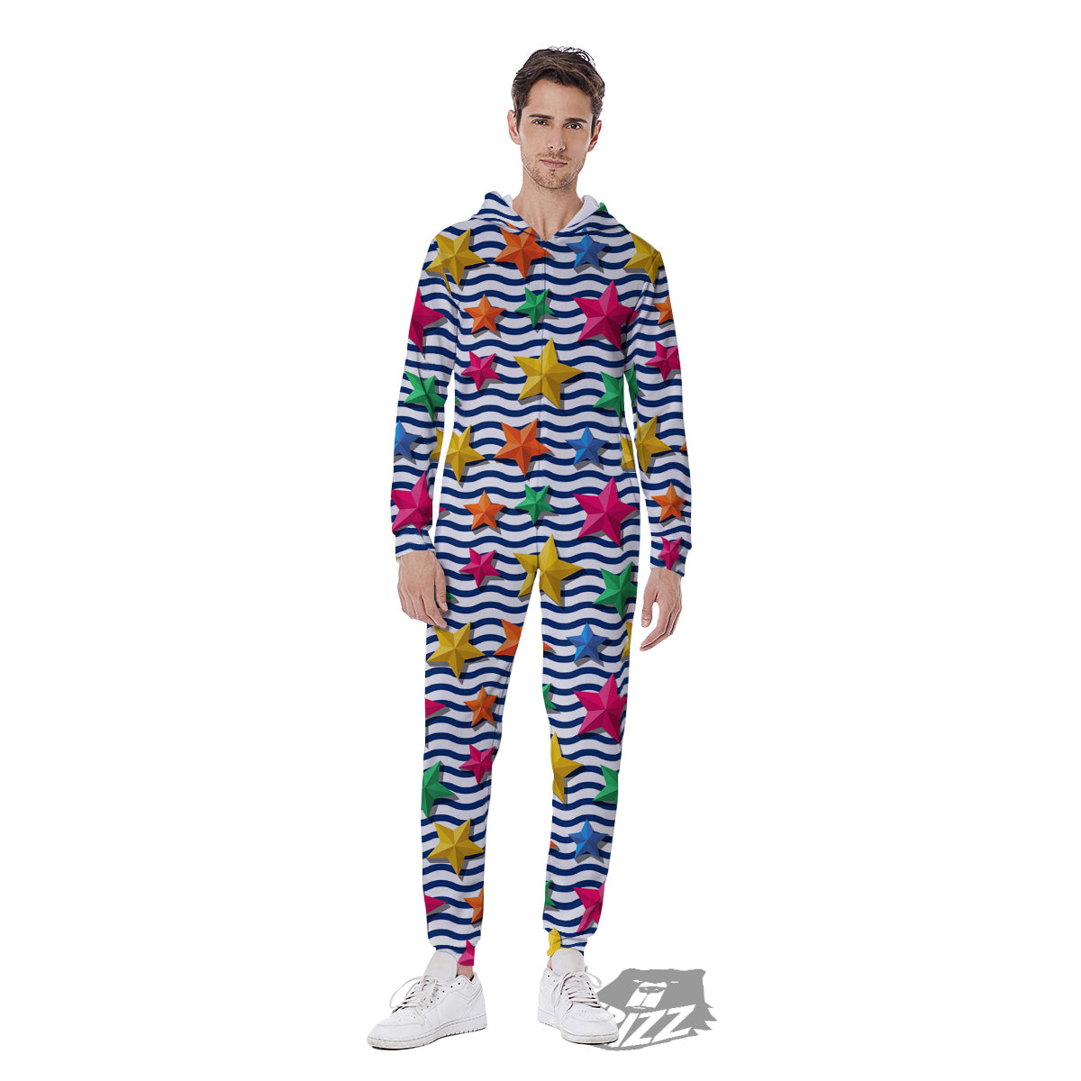 3D Stars And Blue Wave Print Pattern Men's Jumpsuit-grizzshop