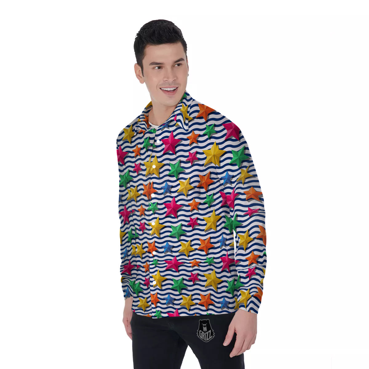 3D Stars And Blue Wave Print Pattern Men's Long Sleeve Shirts-grizzshop