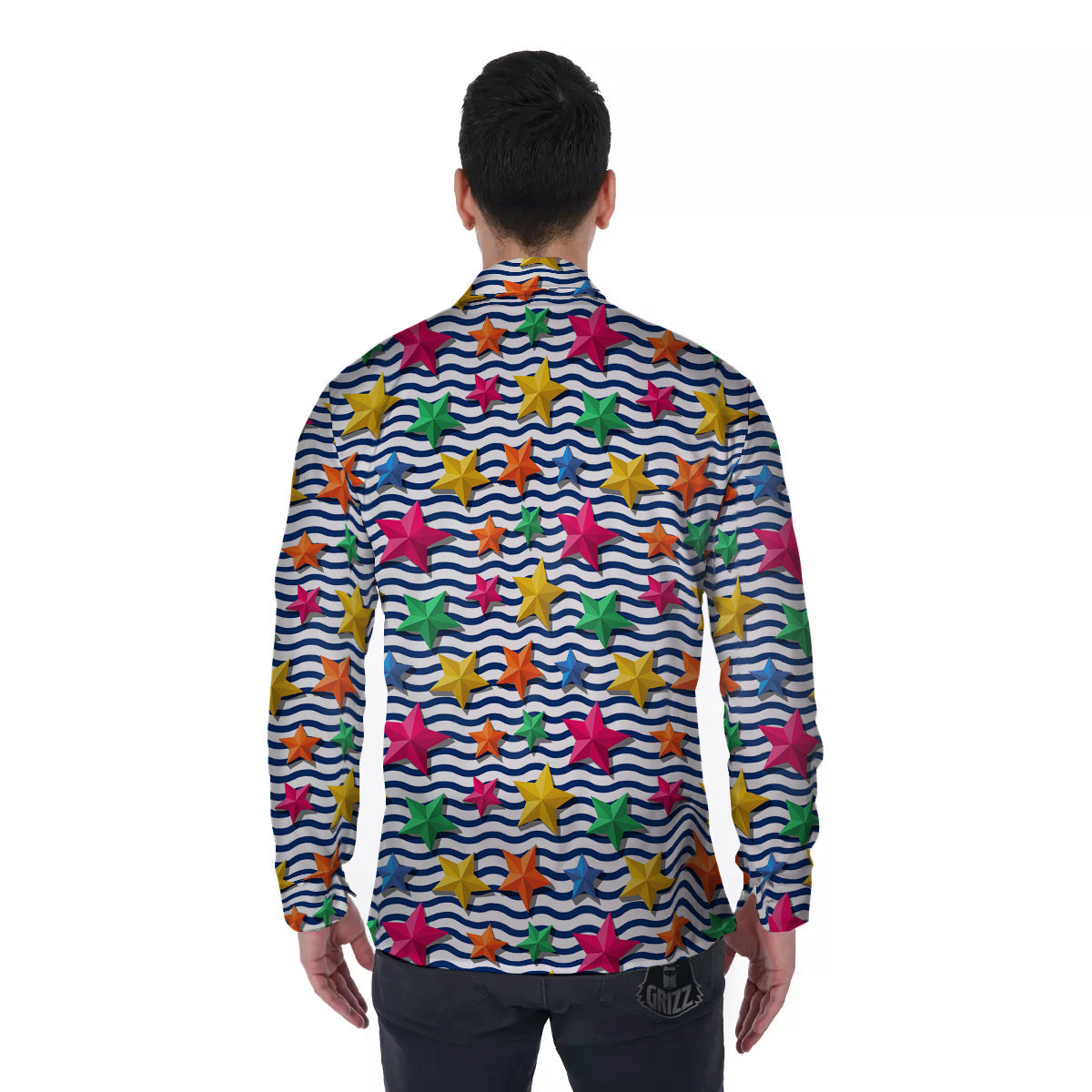 3D Stars And Blue Wave Print Pattern Men's Long Sleeve Shirts-grizzshop