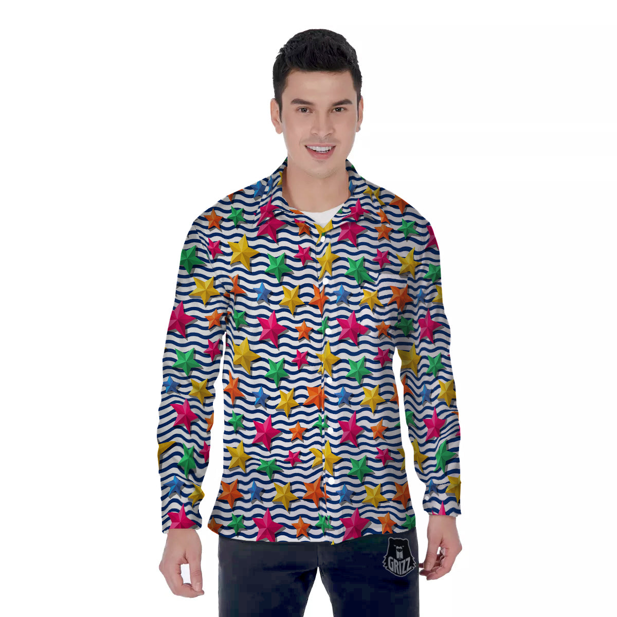 3D Stars And Blue Wave Print Pattern Men's Long Sleeve Shirts-grizzshop