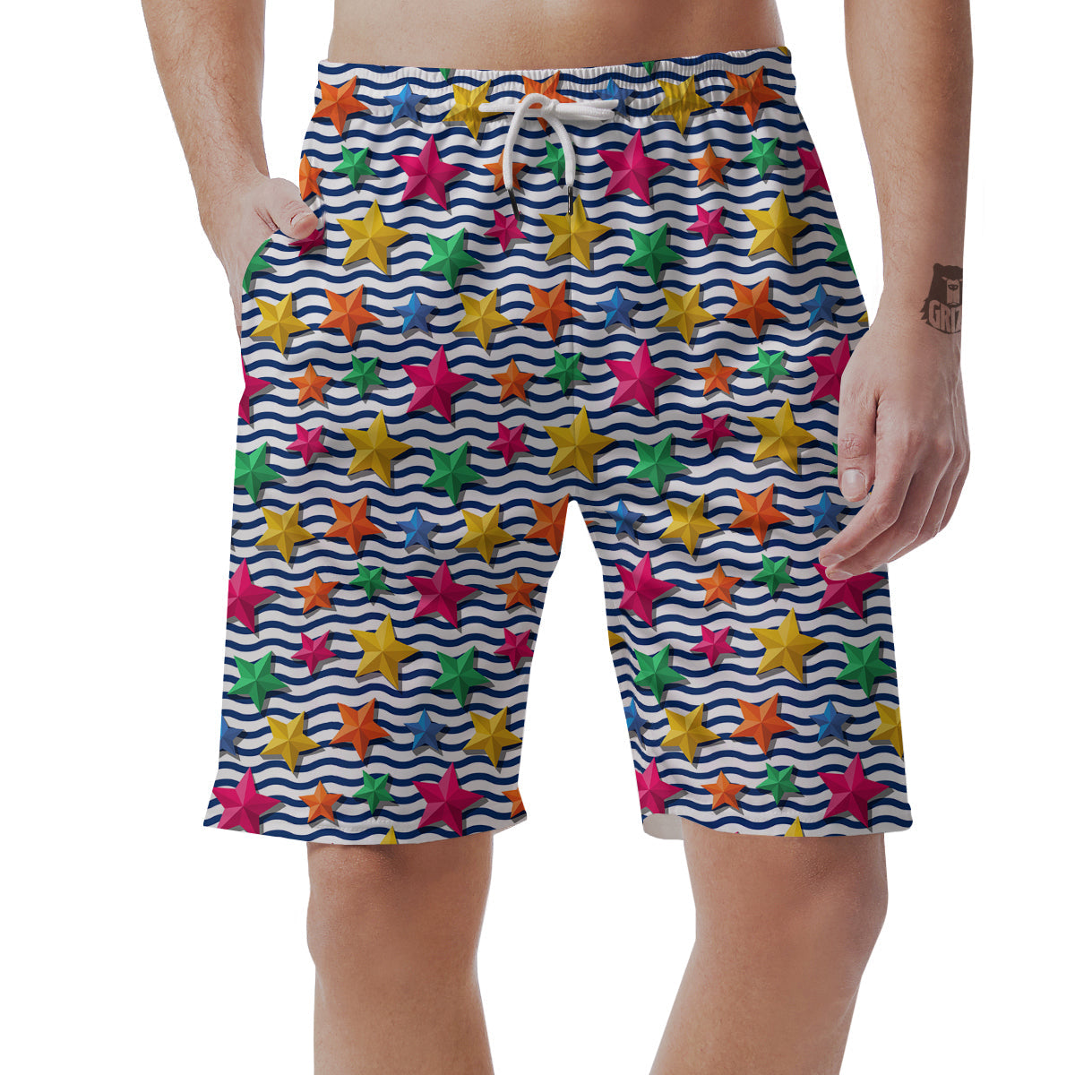 3D Stars And Blue Wave Print Pattern Men's Shorts-grizzshop