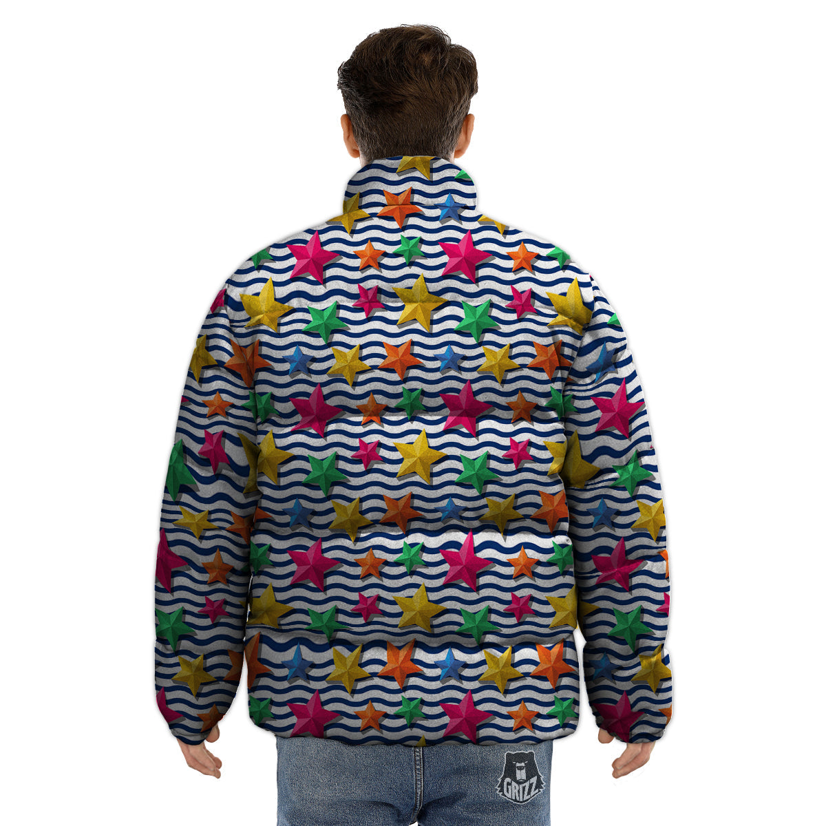 3D Stars And Blue Wave Print Pattern Puffer Jacket-grizzshop