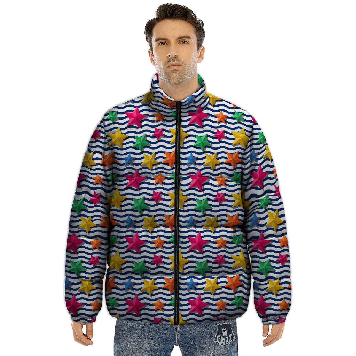 3D Stars And Blue Wave Print Pattern Puffer Jacket-grizzshop