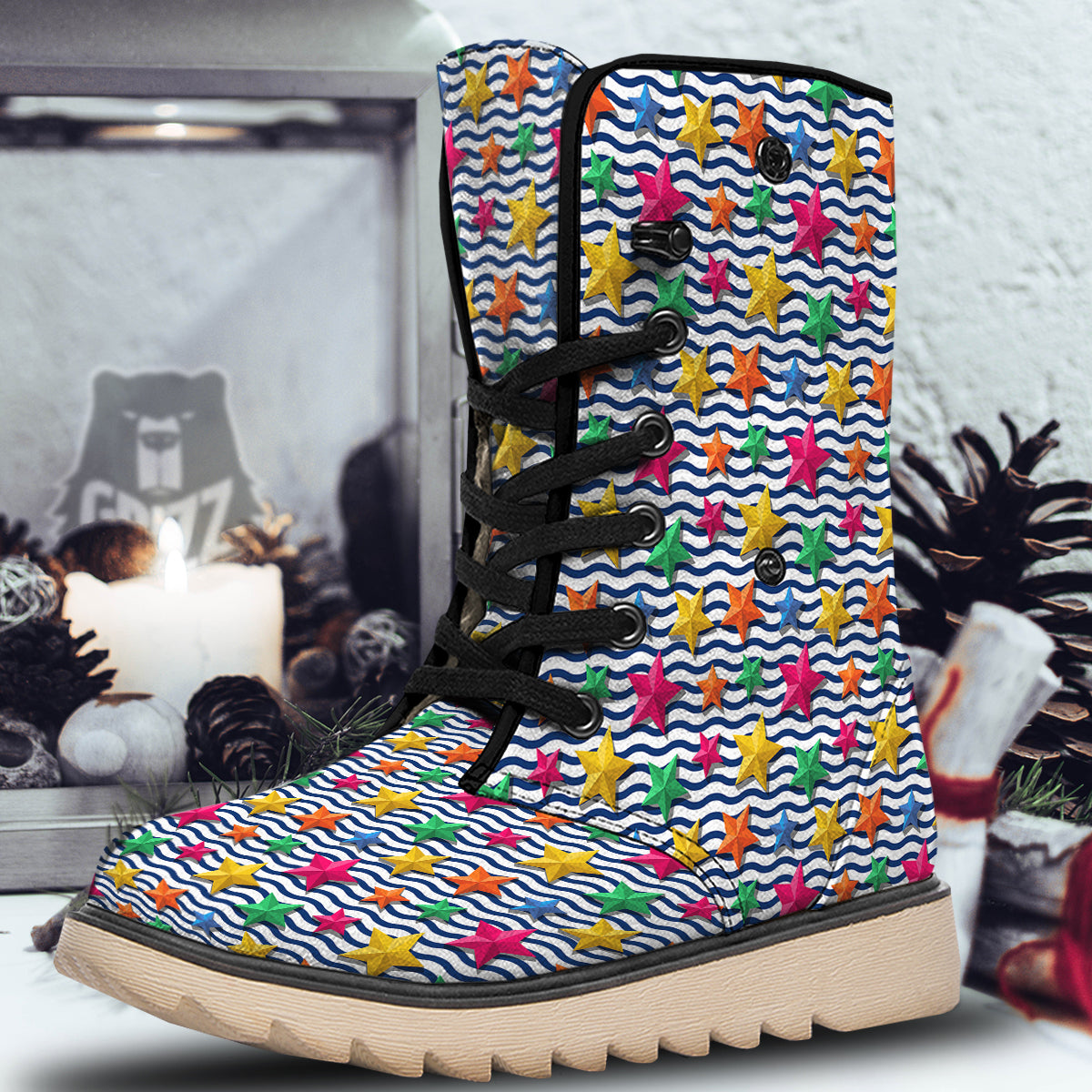3D Stars And Blue Wave Print Pattern Snow Boots-grizzshop