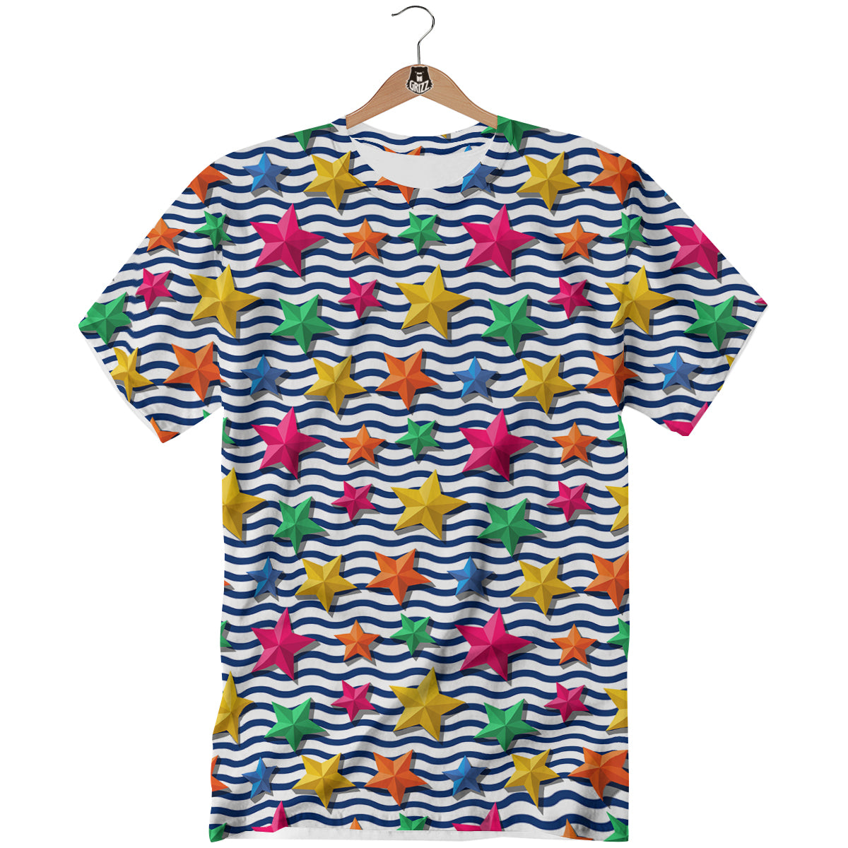 3D Stars And Blue Wave Print Pattern T-Shirt-grizzshop
