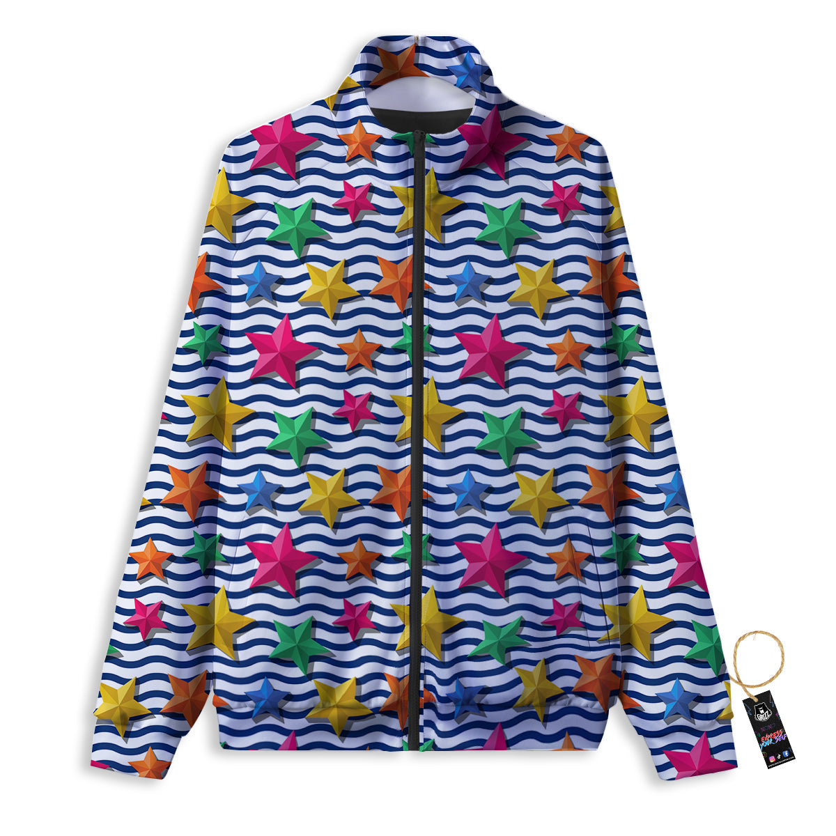 3D Stars And Blue Wave Print Pattern Track Jacket-grizzshop