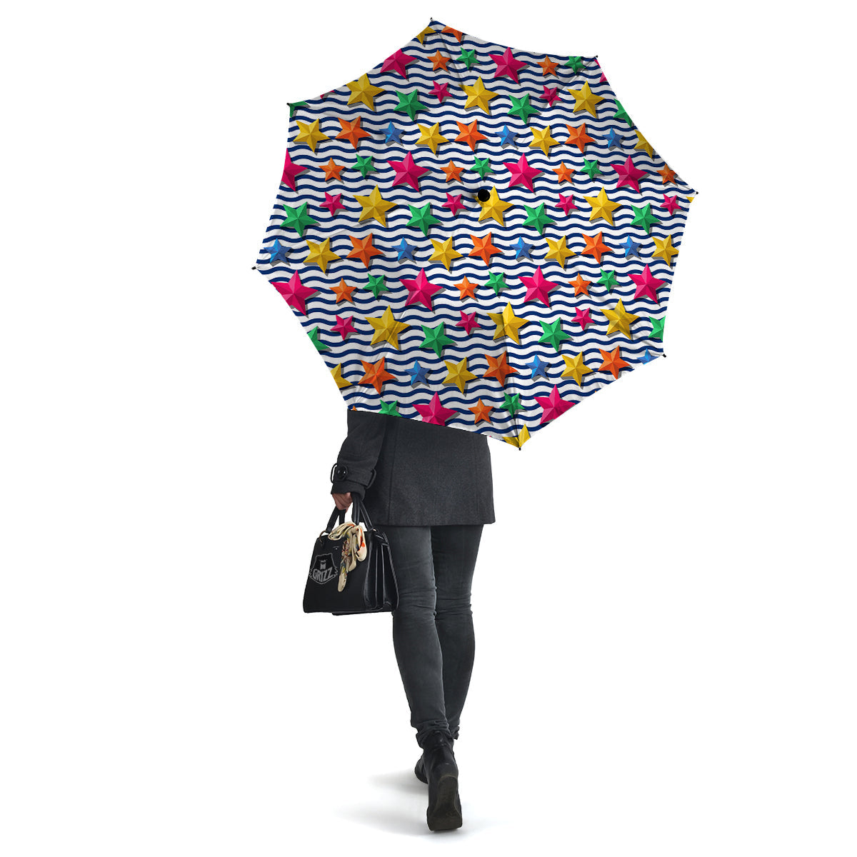 3D Stars And Blue Wave Print Pattern Umbrella-grizzshop