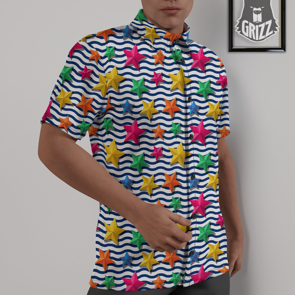 3D Stars And Blue Wave Print Pattern Untucked Shirts-grizzshop
