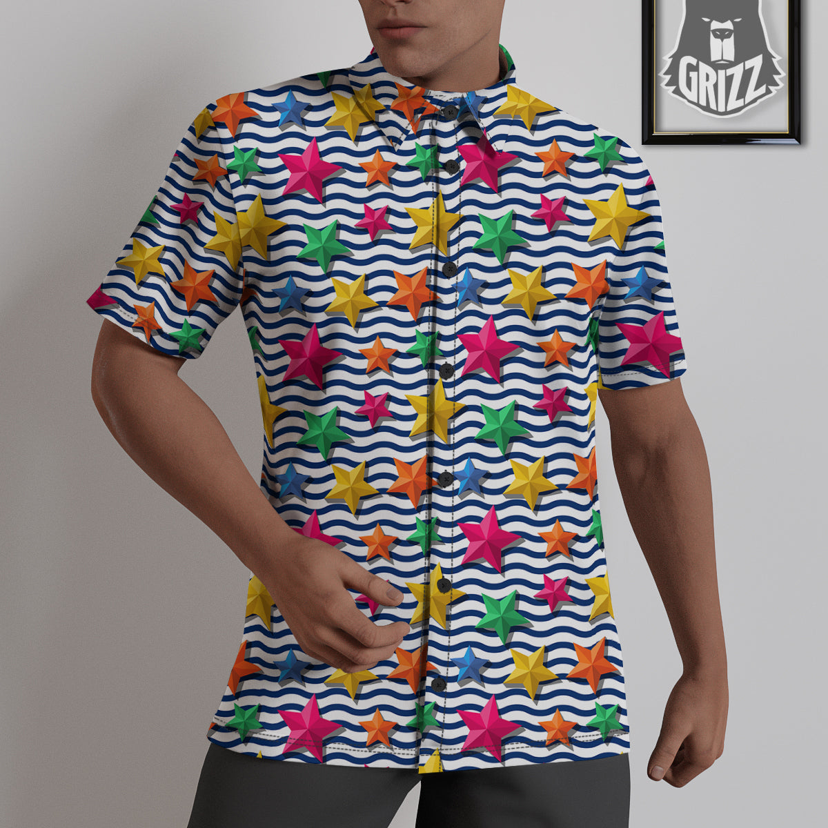 3D Stars And Blue Wave Print Pattern Untucked Shirts-grizzshop