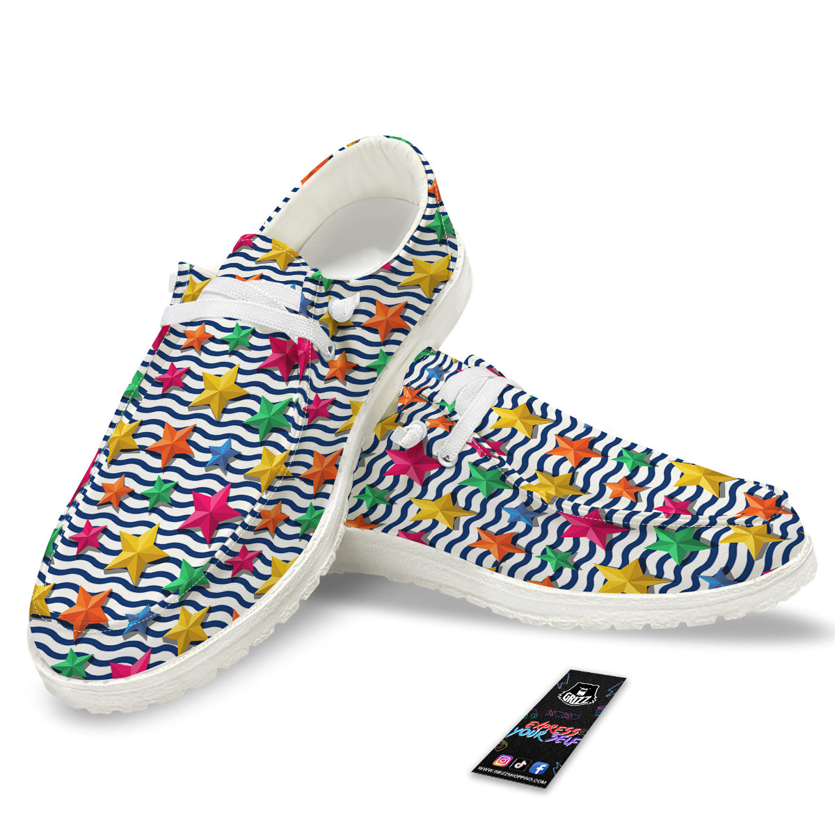 3D Stars And Blue Wave Print Pattern White Loafers-grizzshop