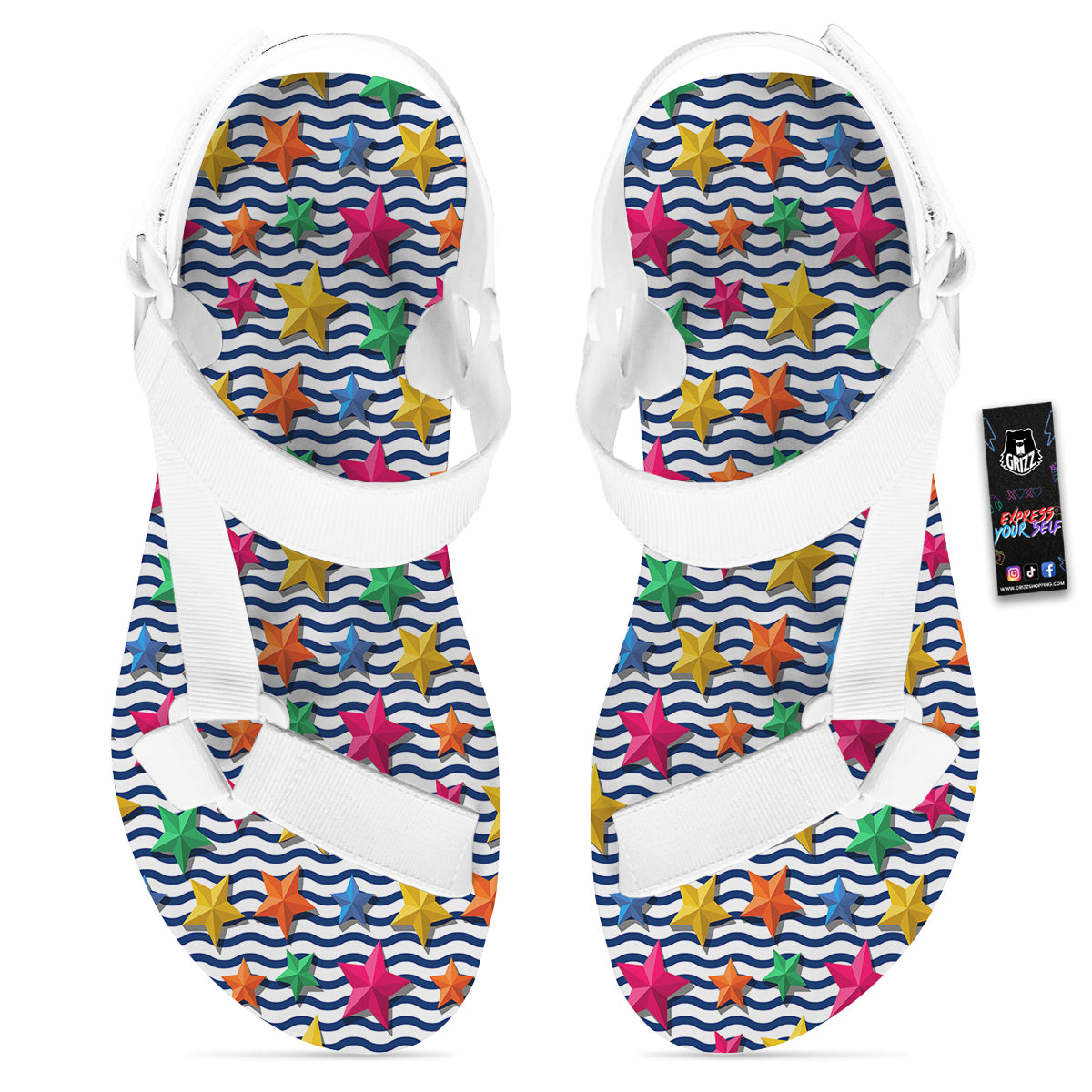 3D Stars And Blue Wave Print Pattern White Open Toe Sandals-grizzshop