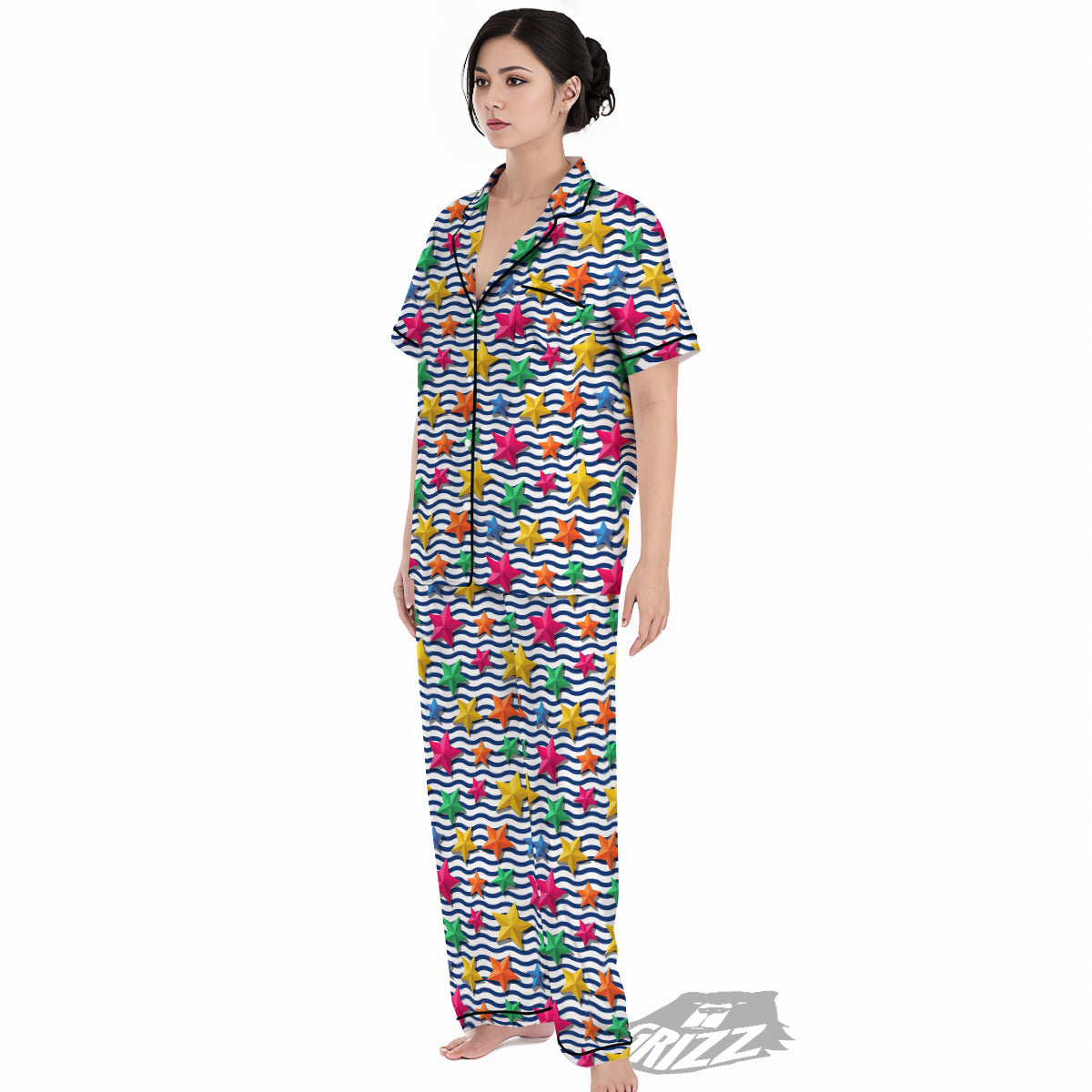3D Stars And Blue Wave Print Pattern Women's Pajamas Set-grizzshop