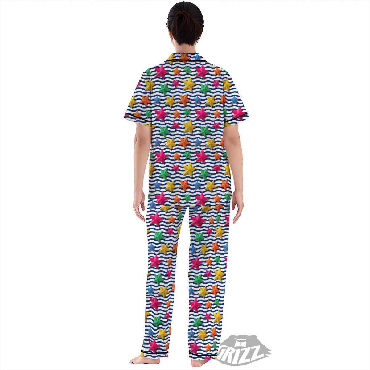 3D Stars And Blue Wave Print Pattern Women's Pajamas Set-grizzshop