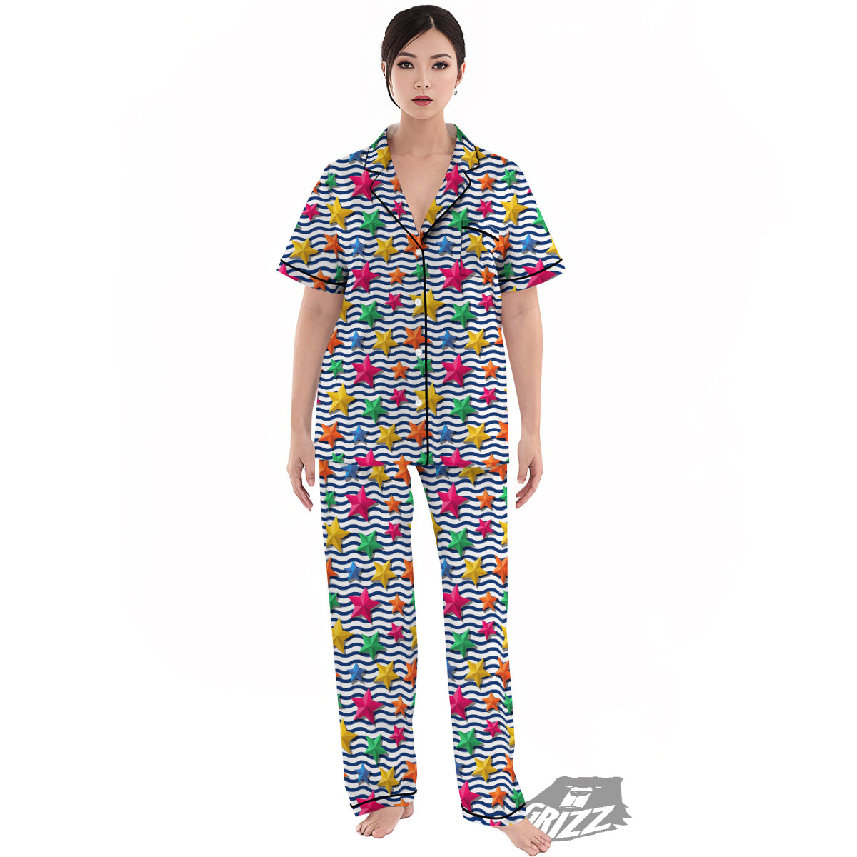 3D Stars And Blue Wave Print Pattern Women's Pajamas Set-grizzshop