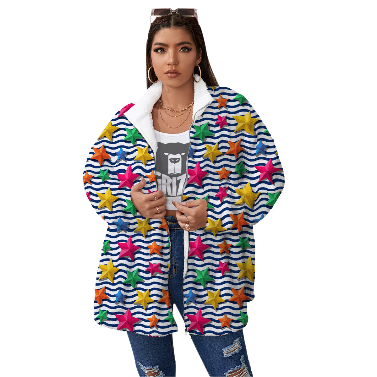 3D Stars And Blue Wave Print Pattern Women's Sherpa Jacket-grizzshop