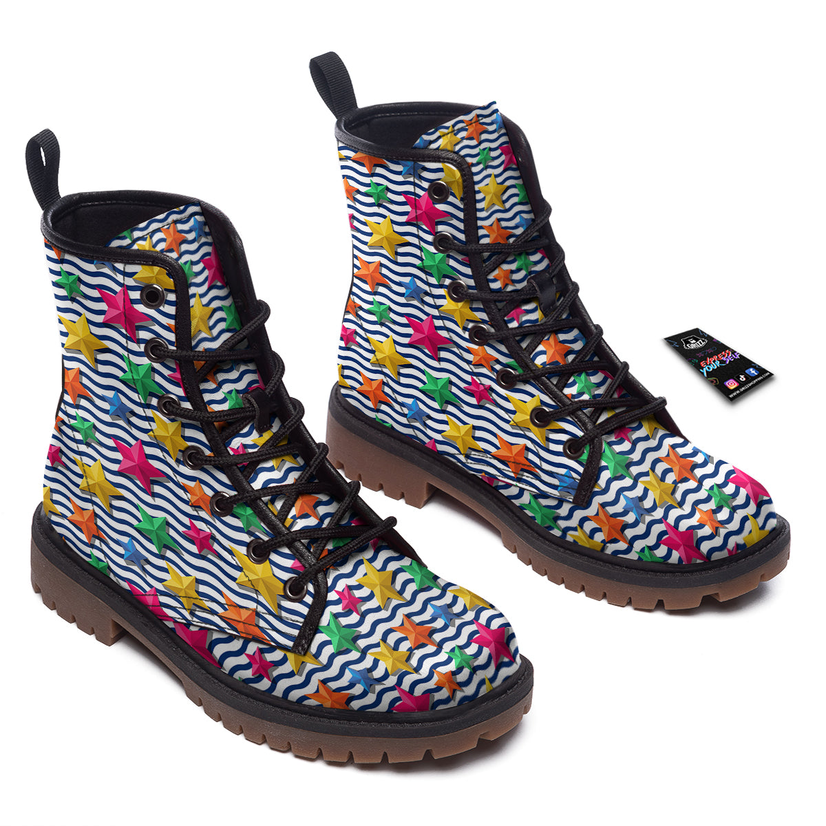 3D Stars And Blue Wave Print Pattern Work Boots-grizzshop