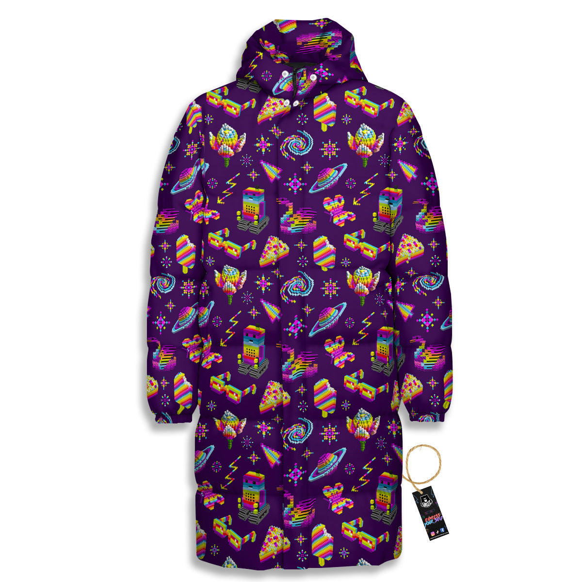 3D Pixel Cartoon Print Pattern Long Down Jacket