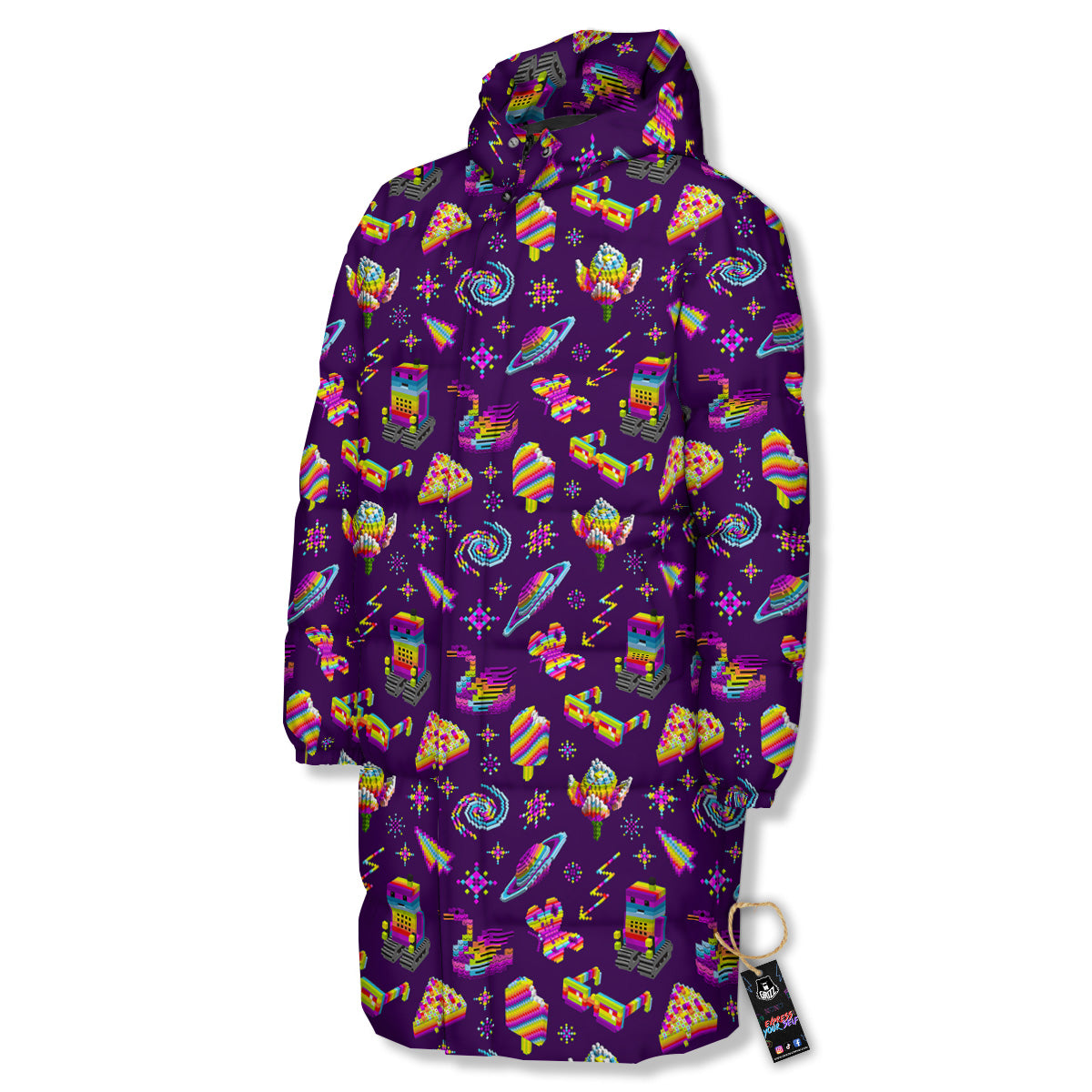3D Pixel Cartoon Print Pattern Long Down Jacket